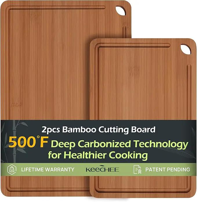 Butcher Block 2-Pcs Carbonized Bamboo Cutting Board Set With Juice Groove For Meal Prep & Cheese Serving - Ideal Kitchen Gift Set of 2 (M+L) by GreenHaven Gardens