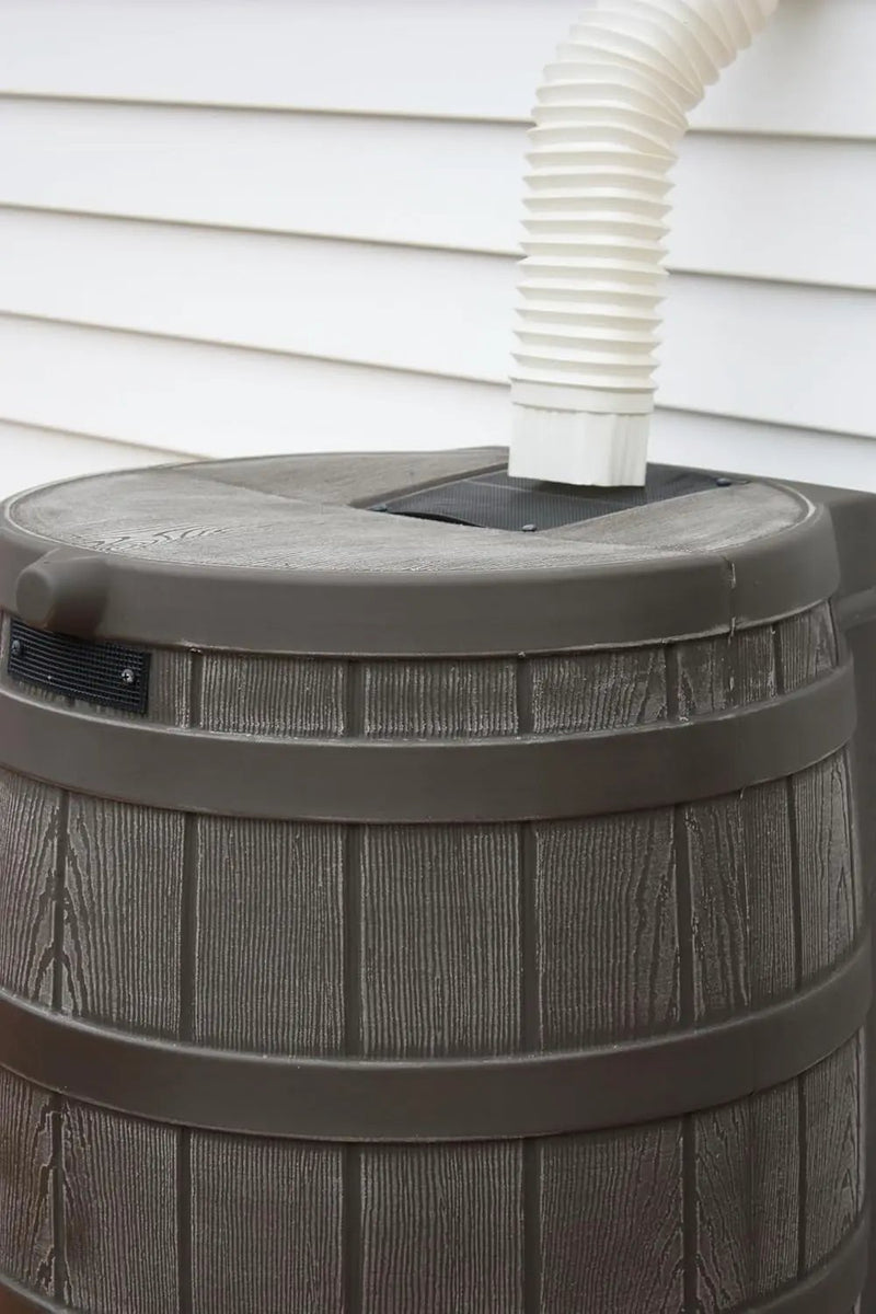 Good Ideas Rain Wizard Water Collection Plastic Barrel, Oak, 50 Gallon - Linkable Flat-Back Faux Wood Rainwater Catcher Storage Drum w/ Robust Metal Spigot & Fine Mesh Screen by GreenHaven Gardens