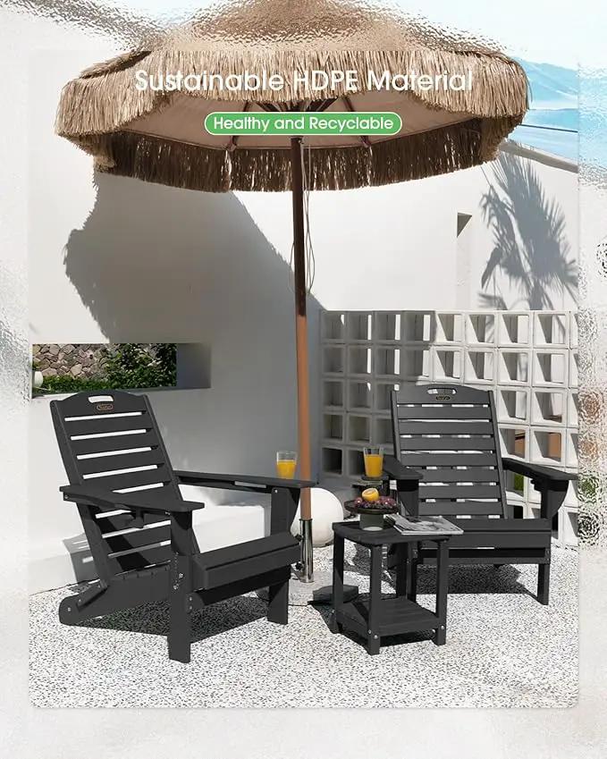 Folding Adirondack Chair HDPE All-Weather Adirondack Chairs with Cup Holder, Outdoor Fire Pit Chairs Lawn Chair for Deck Patio Garden (Black) by GreenHaven Gardens