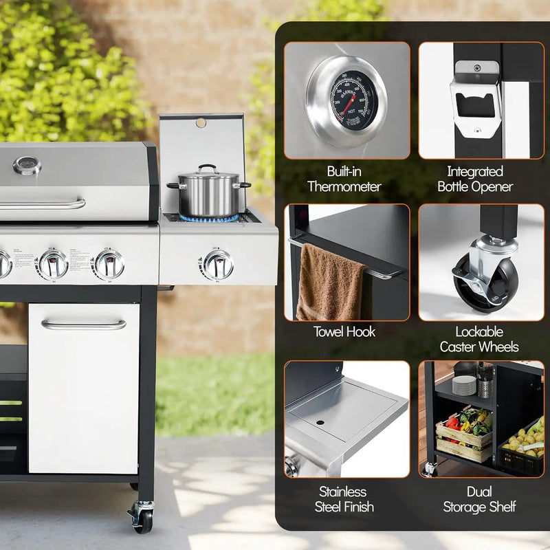 4-Burner Propane Gas Grill, Stainless Steel BBQ with 40,000 BTU, Foldable Side Shelves, Porcelain-Coated Grates, Ideal for Patio & Backyard Cooking (4&1 Burner) by GreenHaven Gardens