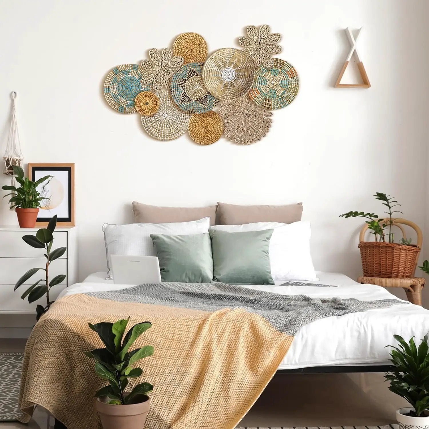 Xuhal 11 Pcs Boho Hanging Wall Basket Decor Handmade Woven Basket Wall Decorative Boho Wicker Baskets Placemats Round Farmhouse Bulrush Art for Rustic Home Decorations Christmas Gift(Bright) by GreenHaven Gardens