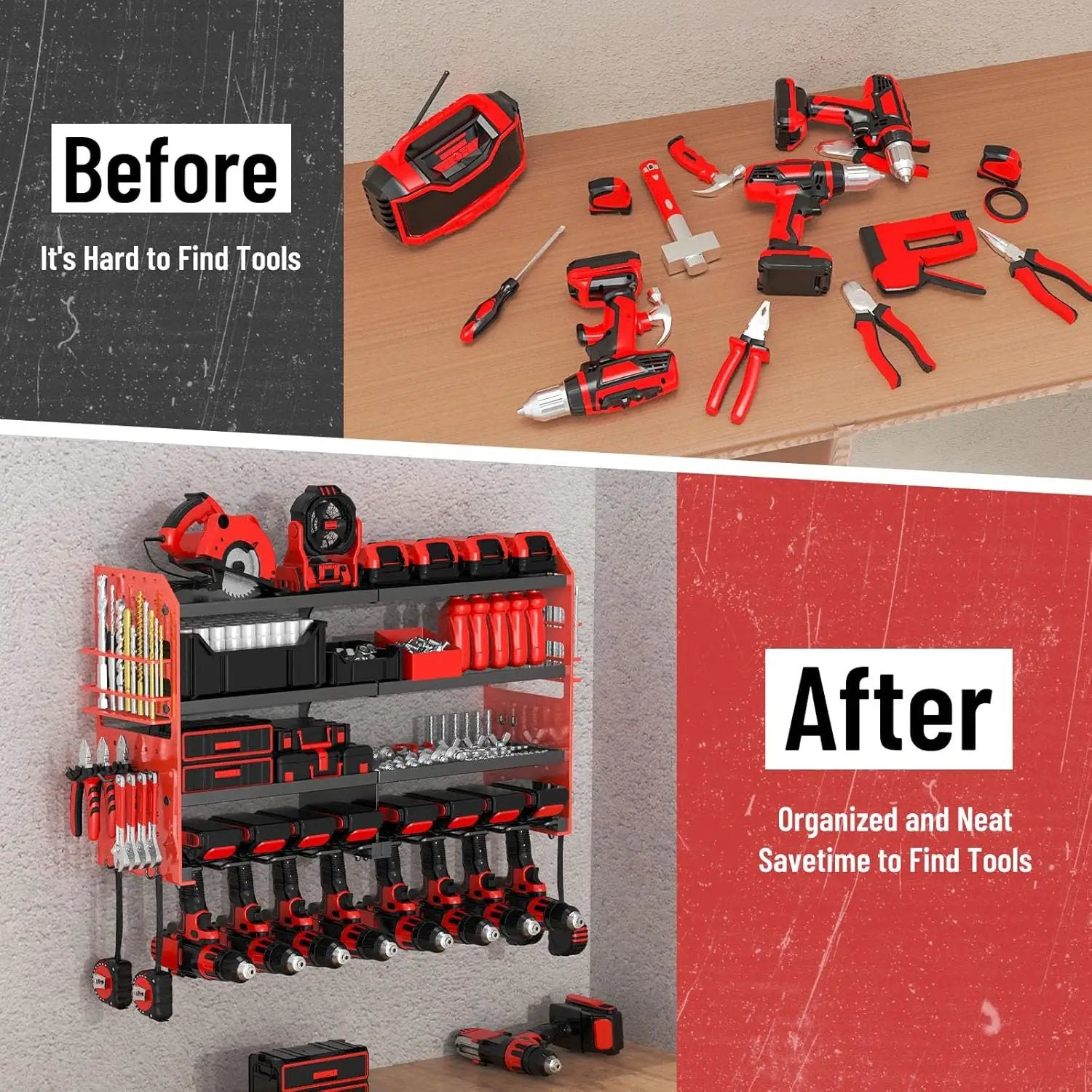 Large Power Tool Organizer Wall Mount with Charging Station, 4 Layer Heavy Duty Metal Cordless Tool Organizer, Tool Storage Rack with 8 Cordless Drill Holder Screwdriver Hammer(Red) by GreenHaven Gardens