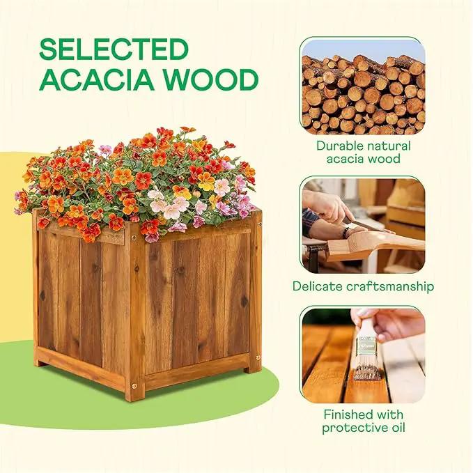 IDZO Acacia Wood Flower Planter Box for Outdoor Plants, 1pc Wooden Raised Garden Bed with Handles, Drainage Holes, Ideal for Garden and Home Décor, Light Cherry by GreenHaven Gardens