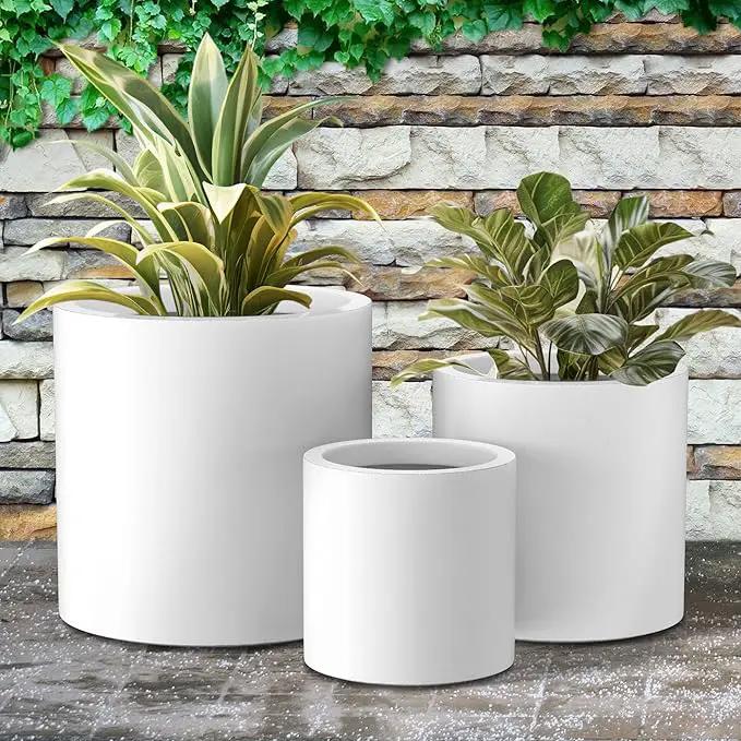Kante RC0119ABC-C80011 Set of 3 Lightweight Concrete Modern Cylinder Outdoor Planters, 15.8, 12.9 and 9.8 Inch Diameter, Pure White by GreenHaven Gardens