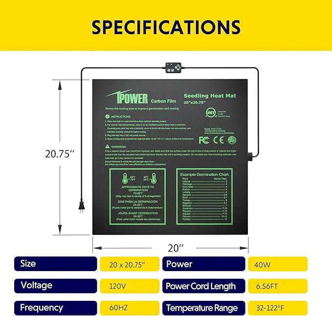 iPower 20"x20.75" Seedling Heat Mat with Built-in Temperature Controller, MET Certified Waterproof Plant Heating Pad, for Germination, Breeding, Brewing by GreenHaven Gardens