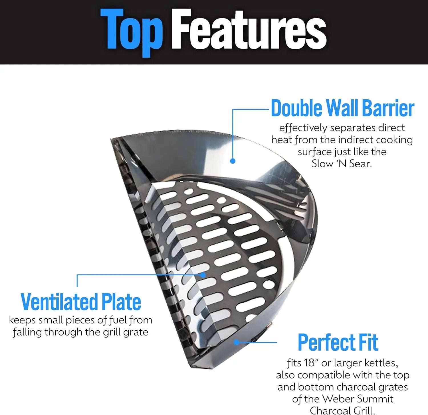 SnS Grills Slow ‘N Sear Charcoal Inserts for Low ‘N Slow & High-Heat Cooking - Patented Stainless Steel Accessories for Kettle Grills - Charcoal Basket 18" by GreenHaven Gardens