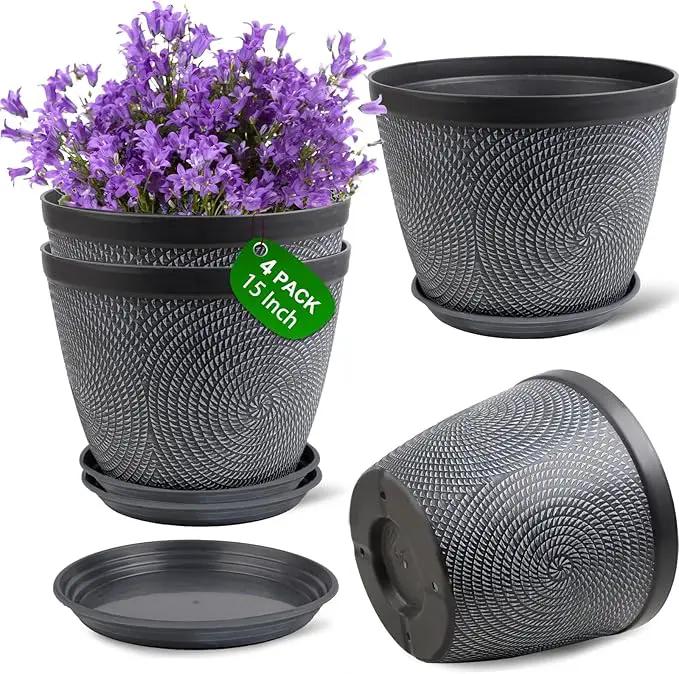 Quarut 4 Pack 15 Inch Large Planter Pot for Plants Outdoor Indoor, Plastic Flower Pots with Drainage Hole & Saucer, Modern Decorative Medium Large Plant Garden Pot, Plant Container for House (Gray) by GreenHaven Gardens