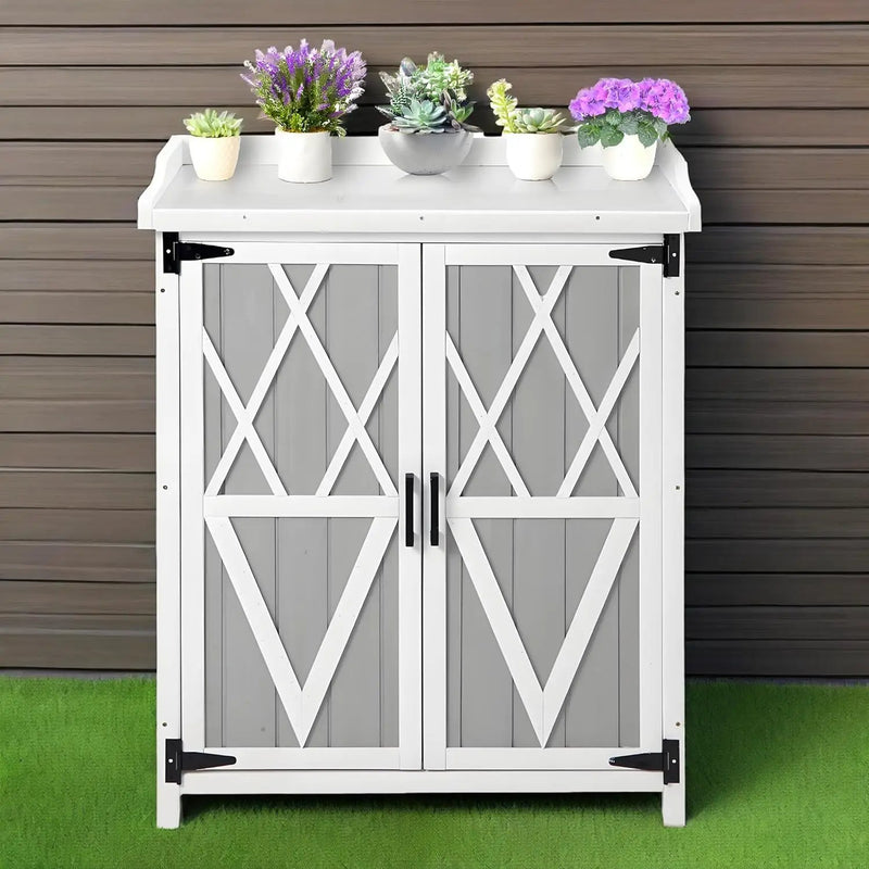Outdoor Cabinet with Metal Tabletop Garden Potting Bench Table - Outdoor Garden Patio Wooden Storage Cabinet with Adjustable Shelf, Wooden Storage Cabinets, Weatherproof for Garden Patio Lawn by GreenHaven Gardens