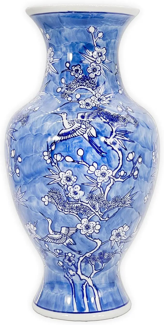 Galt International White & Blue Floral Crane Chinoiserie Ceramic Vase 14" - Hand Painted Antique Style Porcelain Bird & Flower Bottle Fishtail Porcelain Chinese Vase for Home Decor Centerpiece by GreenHaven Gardens