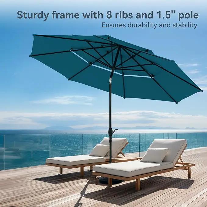 PHI VILLA 10ft Outdoor Patio Umbrellas for Outside, 3 Tier Vented Market Table Umbrella Windproof for Backyard, Deck, Garden, 1.5" Pole, Cyan（No Base） by GreenHaven Gardens