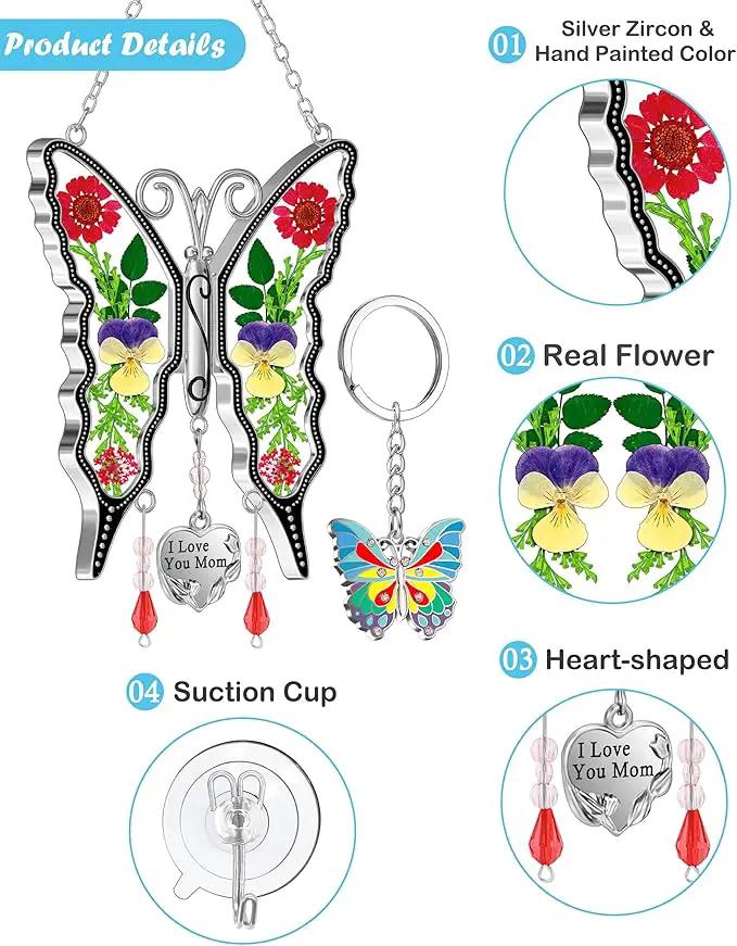 KY&BOSAM I Love You Mom Butterfly Suncatcher for Window Gift for Mom Pressed Flower Between Wings in Glass Metal Engraved Charm Gift for Women Mother's Day Valentine's Birthday Thanksgiving Christmas by GreenHaven Gardens