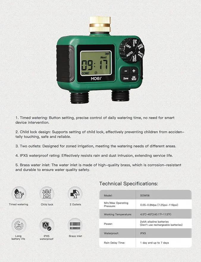 MOES 2 Outlet Sprinkler Timer, Brass Inlet, Programmable Automatic Irrigation Controller, Rain Delay, Manual Watering, 2 Zone Water Hose Timer for Gardens, Lawns, and Hose Systems by GreenHaven Gardens