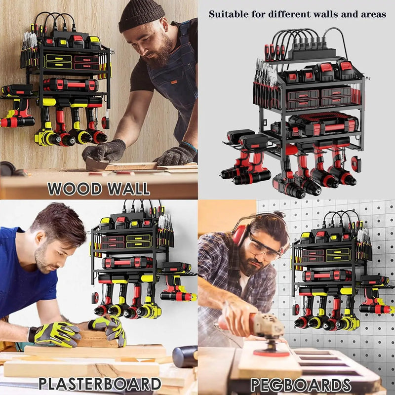 Power Tool Organizer Wall Mount with Charging Station, 4 Layer Storage Rack and Tool Holder for Garage Organization, 6 Drill Holder Wall Mount, 4 Hooks and 6 Outlet Power Strip, Great Men's Gift by GreenHaven Gardens
