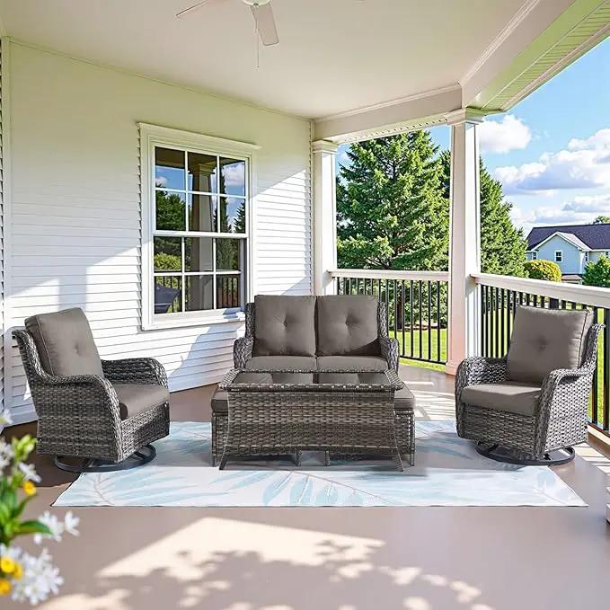 Wicker Outdoor Furniture Patio Furniture Set - 6 Piece Patio Conversation Set with Swivel Rocker Chairs, Loveseat Sofa, Ottomans and Coffee Table, Gray Cushion by GreenHaven Gardens