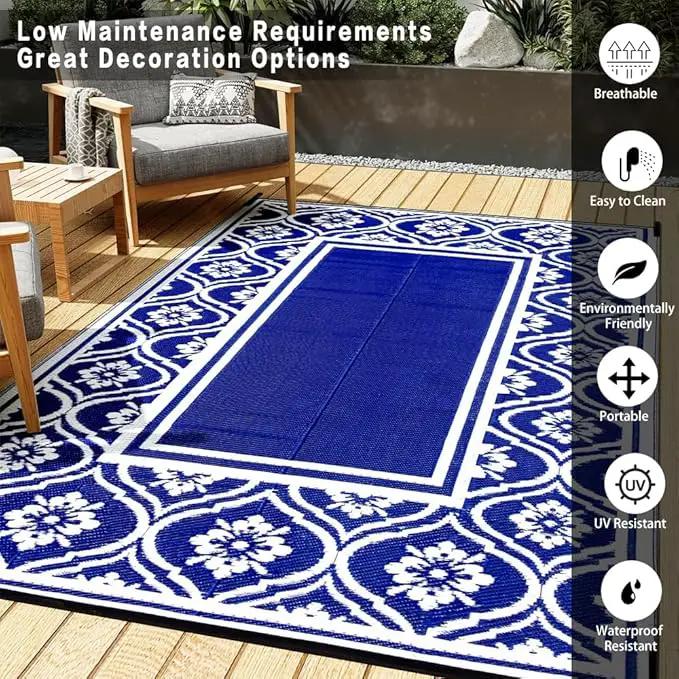 Plastic Outdoor Rug 6'x9' Waterproof Camping Carpet Outside Area Rug Reversible Light Blue Rugs for RV Deck Entryance Porch Picnic Balcony Beach by GreenHaven Gardens