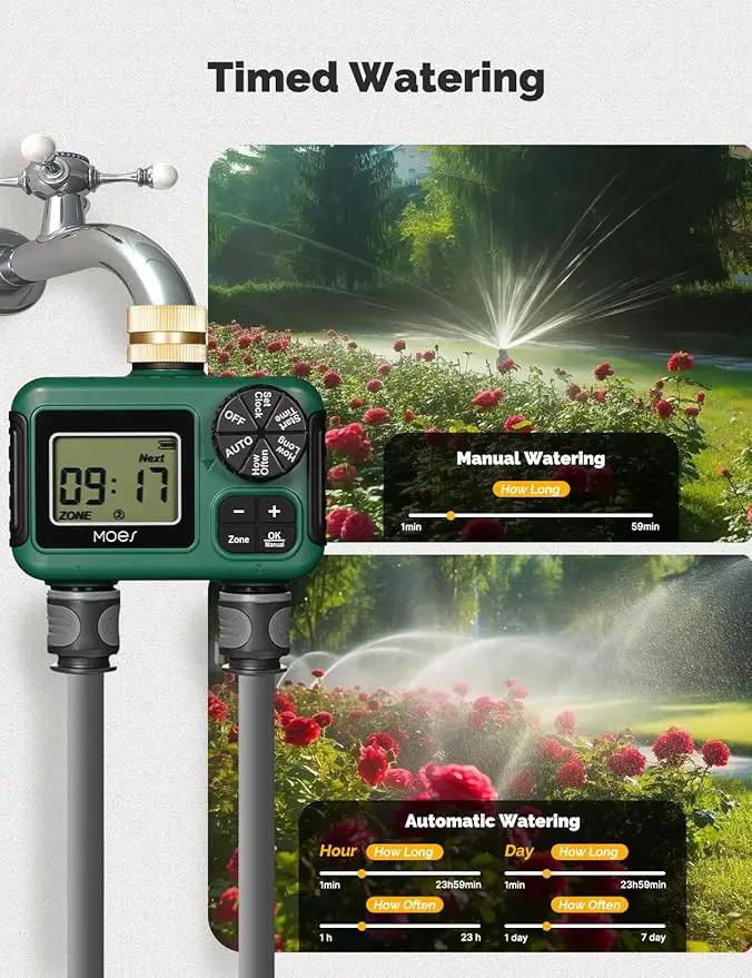 MOES 2 Outlet Sprinkler Timer, Brass Inlet, Programmable Automatic Irrigation Controller, Rain Delay, Manual Watering, 2 Zone Water Hose Timer for Gardens, Lawns, and Hose Systems by GreenHaven Gardens
