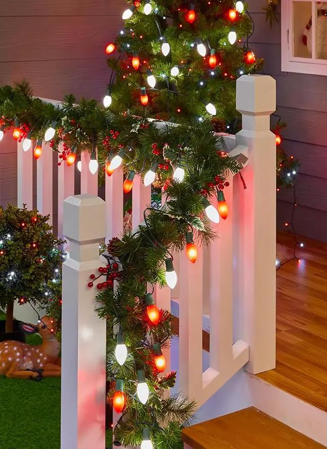 C9 LED Christmas Lights Outdoor, 50 Feet String with 50 Shatterproof Matte Bulbs, Connectable Waterproof Tree Lights for Holiday Roofline Backyard Garden Decor, Red & Pure White by GreenHaven Gardens
