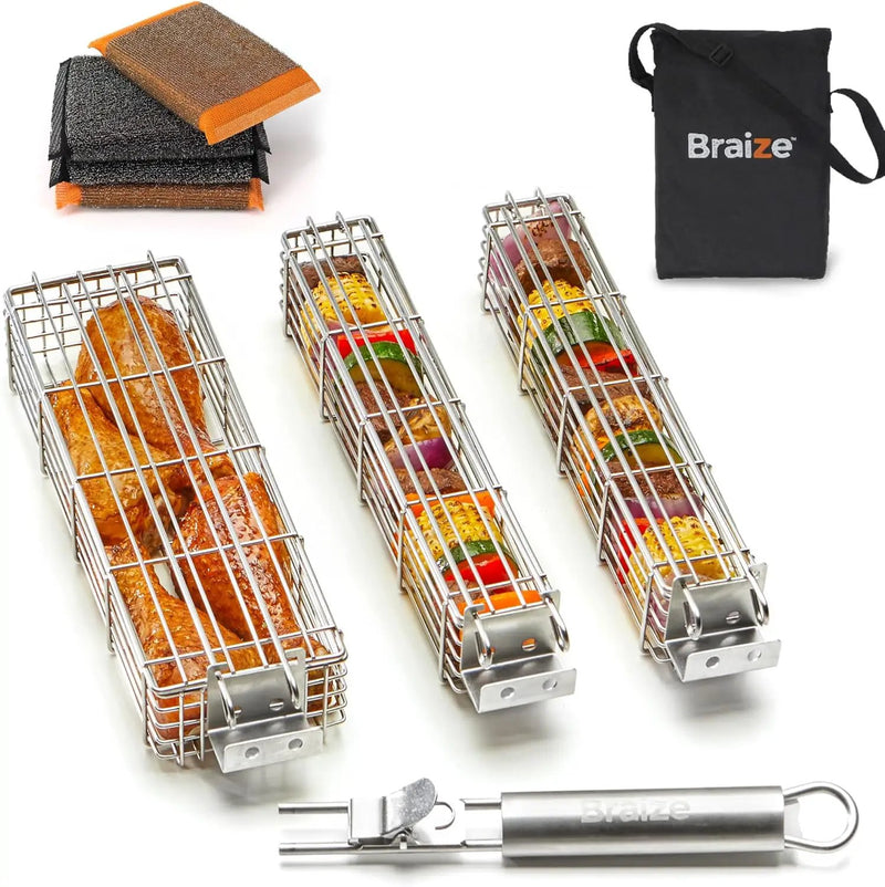 Large Grilling Basket Set – 3 Stainless Steel Kabob Baskets with Removable Handle & Scrubber Sponge – Heavy-Duty Grill Accessory for Veggies, Meat & More by GreenHaven Gardens