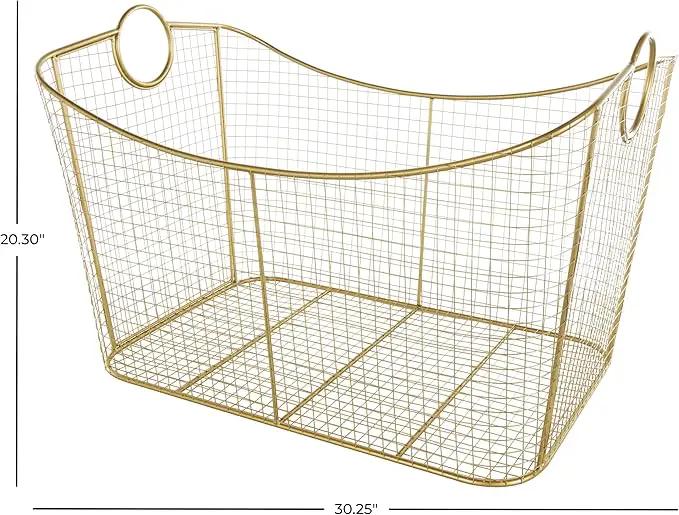 Deco 79 Metal Geometric Decorative and Functional Storage Basket Wire Grid Basket Organizer with Curved Edges Ring Handles, Basket for Storage 30" x 20" x 20", Gold by GreenHaven Gardens