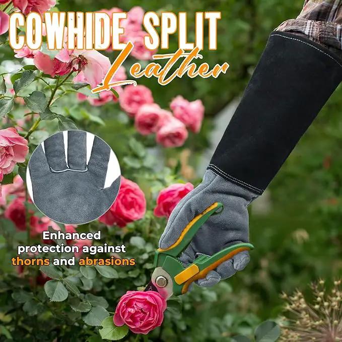 HANDLANDY Long Gardening Gloves for Men & Women, Cowhide Leather Rose Pruning Gloves, Breathable Thorn Proof Gauntlet Glove (Dark Grey-Black, M) by GreenHaven Gardens