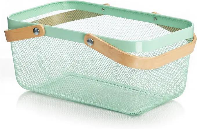 Portable Mesh Harvest Basket - Natural Bamboo Handle Foldable Organizer for Kitchen, Garden & Picnic | Ventilated Storage Bin with Rust-Proof Wire, Space-Saving Farmhouse Decor (Nebula Green) by GreenHaven Gardens