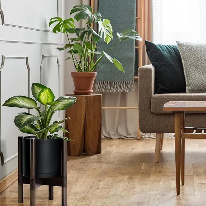 D'vine Dev Planter Pot with Stand - 8 Inch Plastic Cylinder Flower Pot with Wood Planter Holder for Indoor, Matte Black Pot + Walnut Color Stand, 55-C-I-2 by GreenHaven Gardens