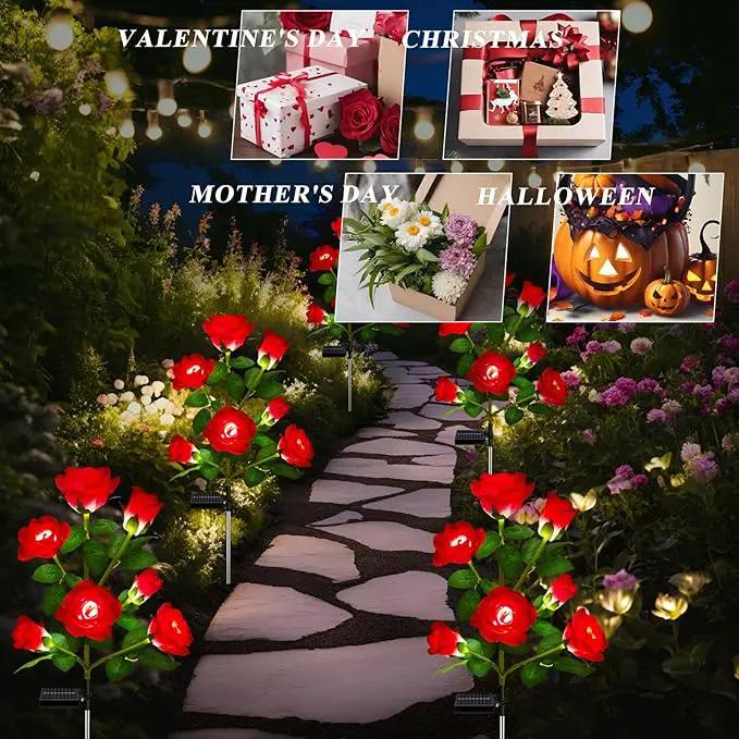 2 Pack Solar Garden Lights Outdoor, 7-Flower Rose LED Stake Light for Yard Patio Pathway Lawn Fence Cemetery, Red by GreenHaven Gardens