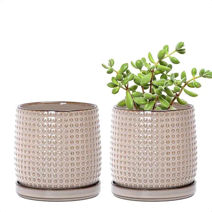 D'vine Dev Set of 2 Ceramic Plants Pots, 4 Inch Beaded Stoneware Flower Pot for Plants with Drainage Hole and Saucer, Light Brown, 27-E-Z-4 by GreenHaven Gardens