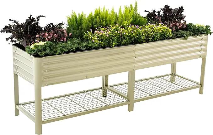 Elevated Raised Garden Bed-V Series, 2' x 8' Garden Beds with Legs & Storage Rack for Patio Porch, 1400 Lbs Weight Capacity, Outdoor Planter Boxes for Gardening Herbs Vegetables Flowers, Pearl White by GreenHaven Gardens