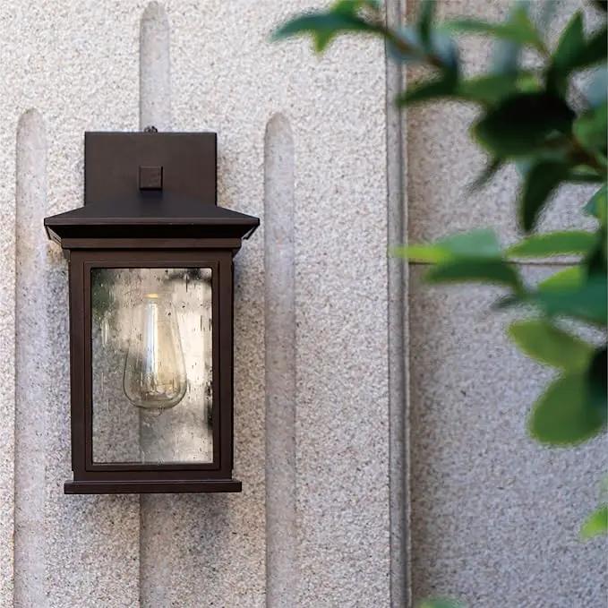 Dusk to Dawn Outdoor Wall Lantern, Exterior Wall Sconce Fixture with Tempered Clear Seeded Glass, Oil Rubbed Bronze (ORB) Finish for Outdoors (Medium Wall Mount - 2 Pack) by GreenHaven Gardens