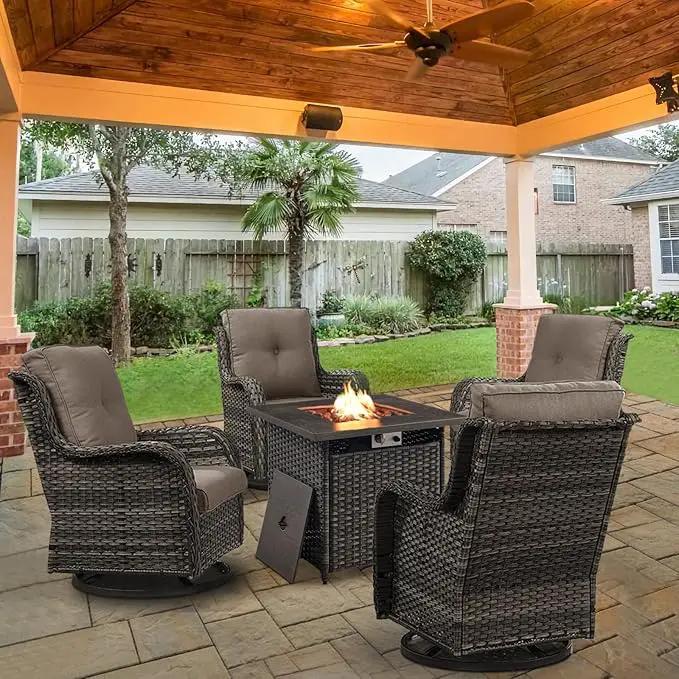 5 Pieces Patio Wicker Furniture Set - 4 Outdoor Swivel Rocker Glider Chairs with Propane Fire Pit Table, Patio Conversation Set Grey Cushion Perfect for Casual Gathering by GreenHaven Gardens