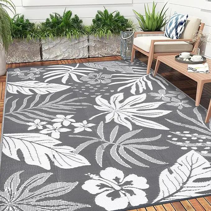 Pauwer Waterproof Outdoor Rug 6x9, Reversible Plastic Straw Patio Camping Rug, Indoor Outdoor RV Mat Carpet for Deck, Camper, Porch, Balcony, Backyard, Picnic, Floral Grey by GreenHaven Gardens