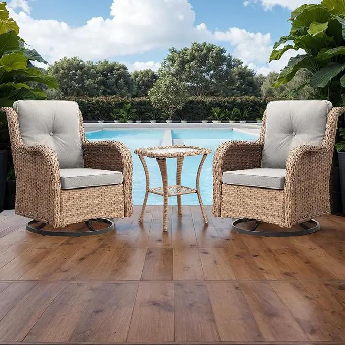 Outdoor Patio Swivel Rocker Chairs - 3 Piece Patio Bistro Set,Wicker Patio Furniture Set with 2 Swivel Rocking Chairs and 1 Glass Top Side Table for Deck Porch Garden,Yellow/Beige by GreenHaven Gardens