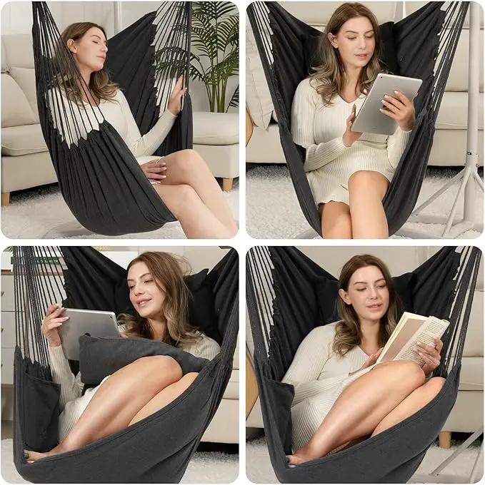 Y- Stop Hammock Chair Hanging Rope Swing Chair, Max 500 Lbs, 2 Seat Cushions Included, Removable Steel Spreader Bar with Anti-Slip Rings, Hardware kit-for Indoor or Outdoor(Dark Grey) by GreenHaven Gardens