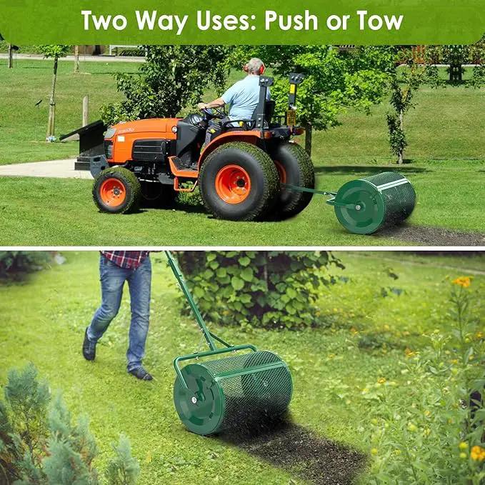 Seeutek Compost Spreader - 24" Peat Moss Spreader with 3 Heights, Top Soil Spreader W/Upgraded Side Latches Support Rod Powder Coated Metal Mesh Top Dressing Spreader for Lawn, 2 Way Uses-Push or Tow by GreenHaven Gardens