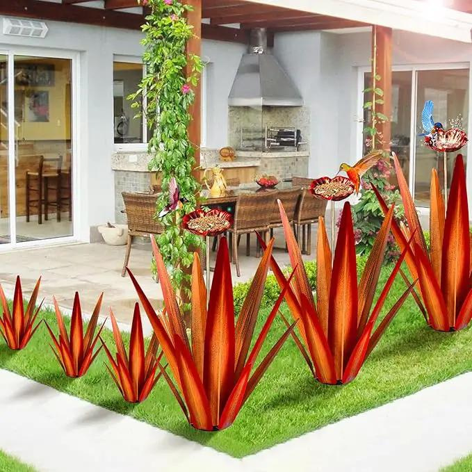 Large Tequila Rustic Sculpture, Rustic Metal Agave Plants for Outdoor Patio Yard, Home Decor Hand Painted Metal Agave Garden Yard Statue, Outdoor Lawn Ornaments (Red - L (W/Bird Feeder)) by GreenHaven Gardens