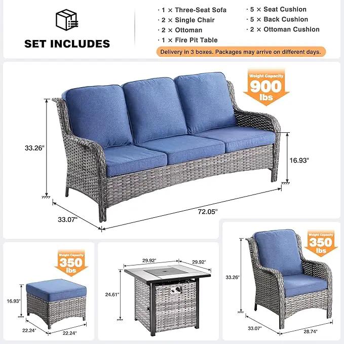ovios 6 Pieces Patio Furniture Set with 30" Fire Pit Table, Outdoor Wicker Sofa with Ottomans, Comfy Cushions, High Back Couch Conversation Set, Grey Rattan, Denim Blue by GreenHaven Gardens