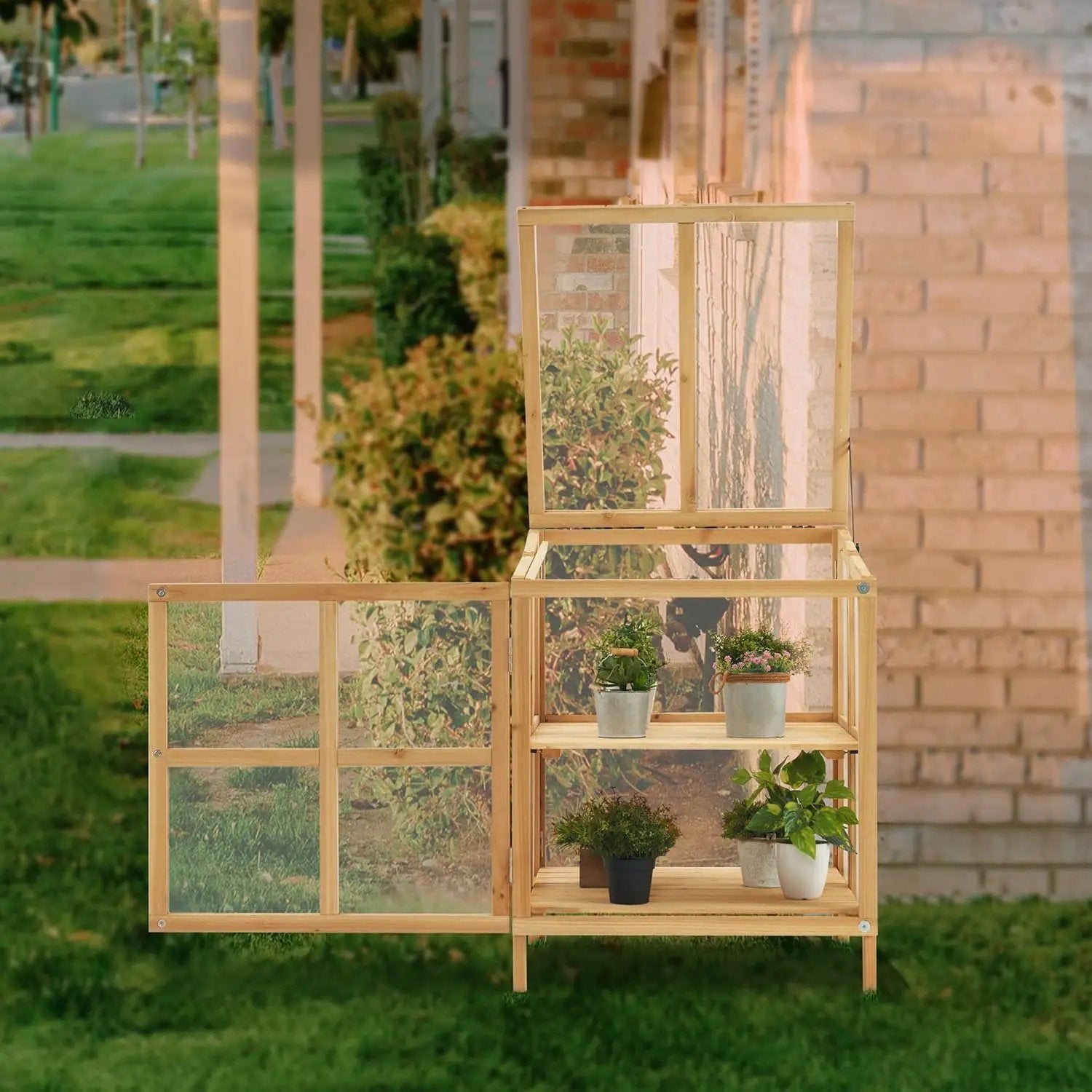 MCombo 2 Tier Foldable Cold Frame Greenhouse, Portable Wooden Greenhouse Garden Cold Frame Raised Planter Box with Shelves, 0122 (Natural) by GreenHaven Gardens