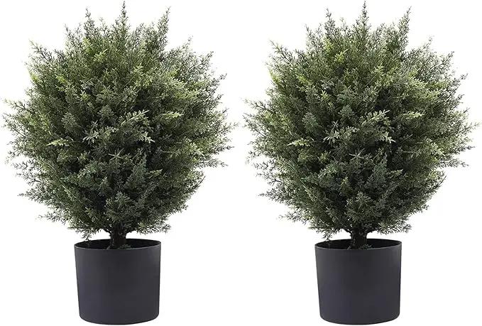 21” Artificial Cedar Outdoor Artificial Shrub Sunlight Resistant Leafy Potted Plant for Indoor Porch of Home and Office Artificial Outdoor Tree 2 Pieces a Set Topiary Trees by GreenHaven Gardens