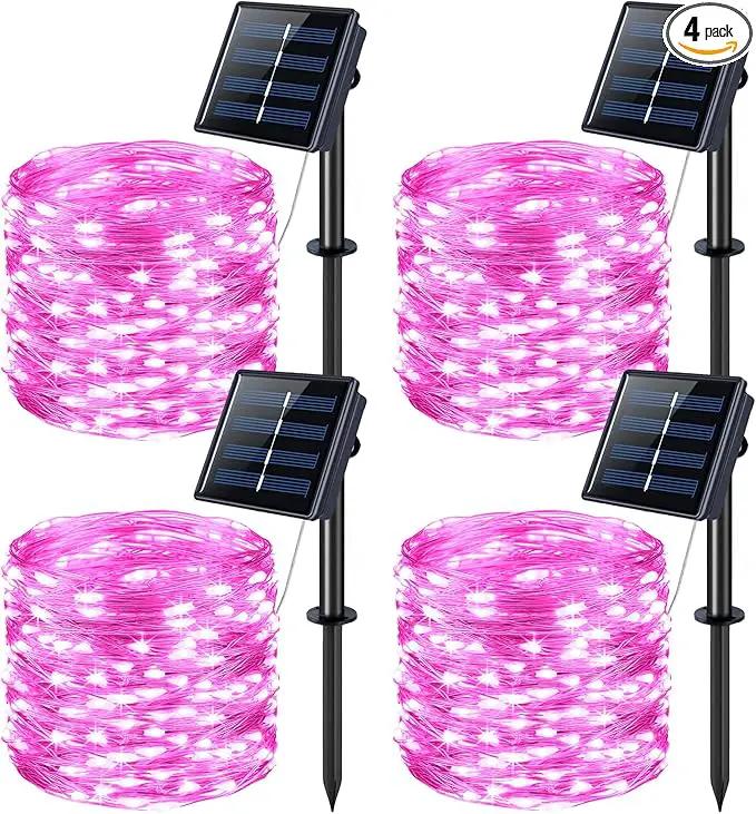 JMEXSUSS 4 Pack Pink Solar Lights, Each 33ft 100 LED Solar String Lights Outdoor Waterproof, 8 Modes Copper Wire Pink Fairy Light for Yard Patio Garden Party Wedding Decorations by GreenHaven Gardens