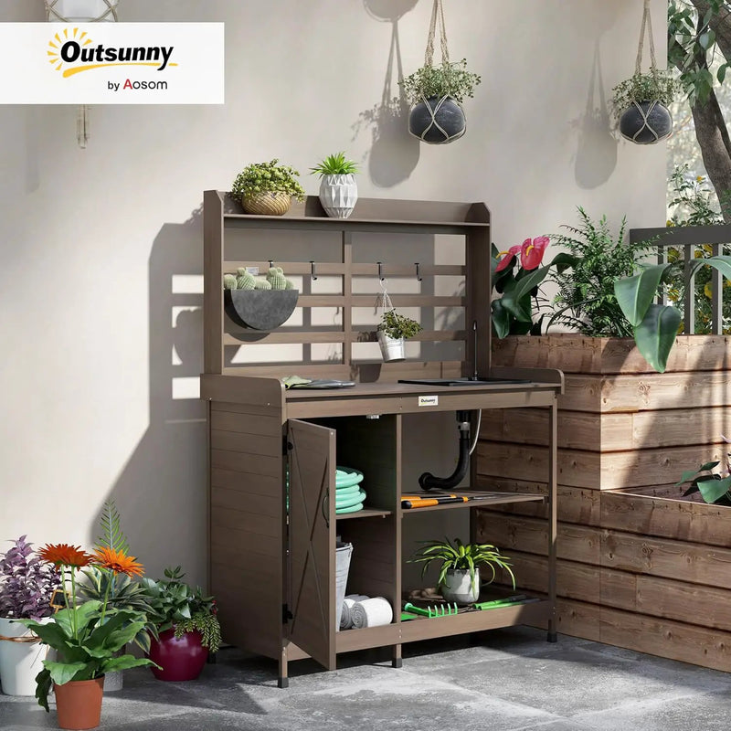 Outsunny Outdoor Wooden Potting Bench Table with Sink and Water Tap, Garden Workstation with Storage Cabinet, Storage Shelves for Backyard, Patio, Balcony, Dark Brown by GreenHaven Gardens