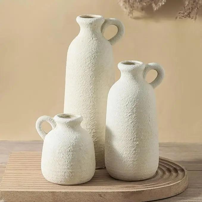 Ceramic Vase Set of 3 with Handle, Neutral Rustic Vases Home Decor Farmhouse Decorative Vase Whitewashed Pottery Decor Modern for Table Mantel Entryway Bookshelf Living Room Kitchen Bedroom - White by GreenHaven Gardens