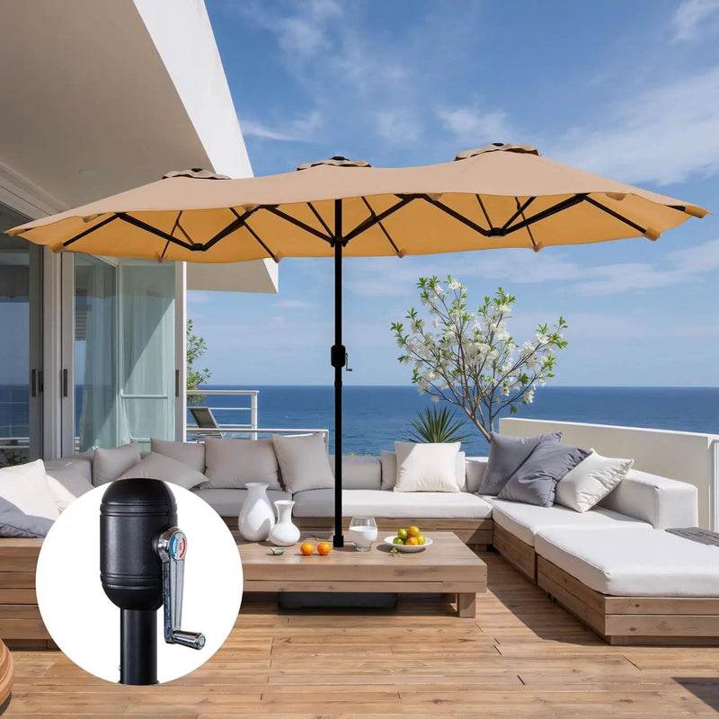 Shintenchi 16FT Large Patio Umbrella with Base, Outdoor Double-Sided Rectangular Umbrella, Market Umbrella with Crank Handle for Poolside Lawn Garden, Khaki by GreenHaven Gardens