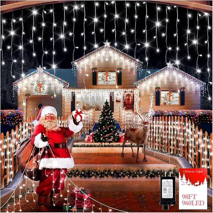 960 LED 98FT Christmas Lights Plug in 8 Modes with Timer Dimmable Christmas Decorations Outdoor Waterproof Indoor Curtain String Lights for Roof Garden Holiday Wedding Party Decor Cool White by GreenHaven Gardens
