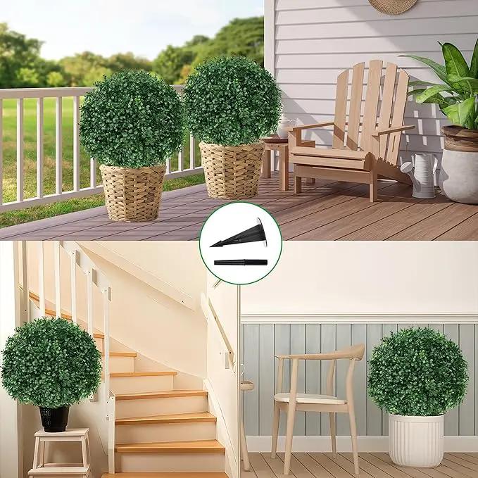 Artificial Boxwood Topiary Ball Tree with Ground Spike, Set of 2 Artificial Shrub Bushes, Fake Evergreen Tree for Porch, Artificial Plants for Outdoor Planters Indoor UV Resistant by GreenHaven Gardens