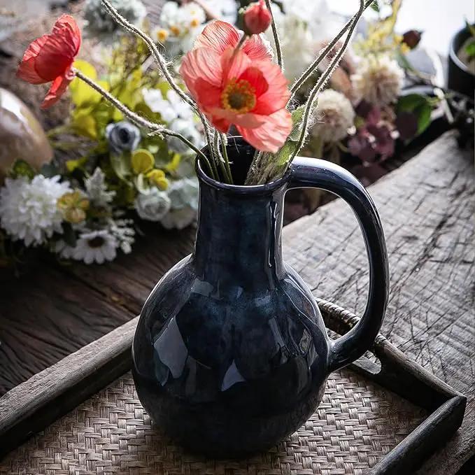 Blue Ceramic Vase with Big Handles, Modern Farmhouse Decor, Rustic Pottery for Flowers, Decorative Terracotta Centerpiece for Dining Table by GreenHaven Gardens