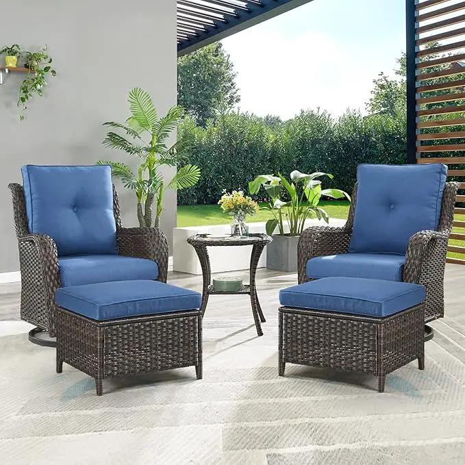Outdoor Wicker Patio Furniture Set - 5 Pieces Rattan Patio Conversation Set with 2 Rocking Swivel Chairs,2 Ottomans and 1 Side Table for Porch Deck Backyard Garden(Brown/Blue) by GreenHaven Gardens