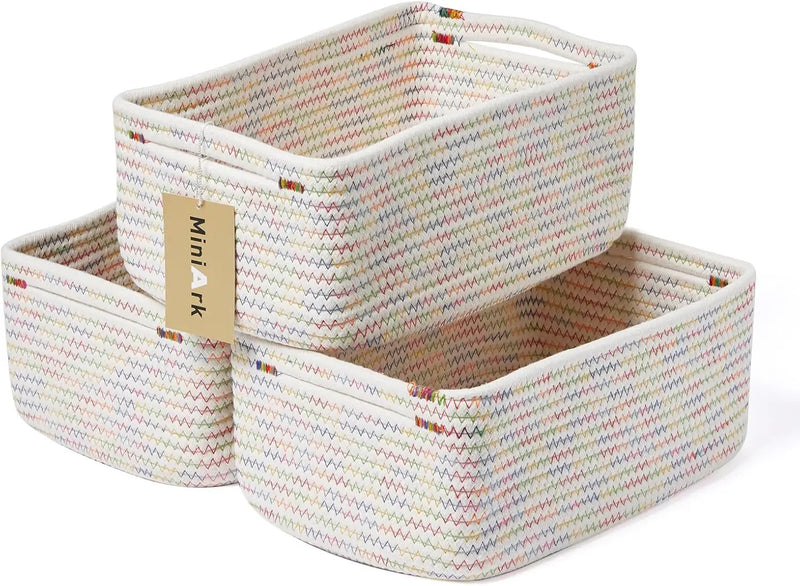 Small Storage Baskets for Organizing | Closet Organizer Bins | Shelf Toy Basket | Woven Rope Baskets | Cube Decorative Box | Shallow Basket | 13x8.5x5.1” | 3 Packs Rainbow by GreenHaven Gardens
