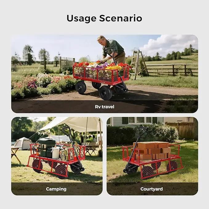 SUNNYFEEL 900 Lbs Capacity Heavy Duty Mesh Steel Garden Cart,Folding Utility Wagon with Removable Sides,10 Inch Flat Free Tires, Red by GreenHaven Gardens