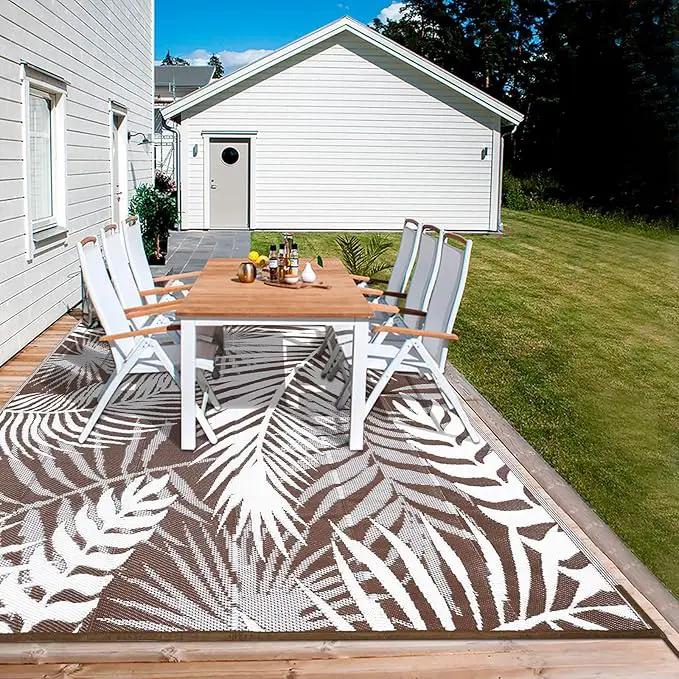 Outdoor Rug Waterproof for Patios Clearance, Reversible Outdoor Plastic Straw Rug Camping Carpet, Outside Floor Mats Large Area Rugs for RV,Patio,Deck,Porch,Beach,Balcony，10'x8',Brown&White by GreenHaven Gardens